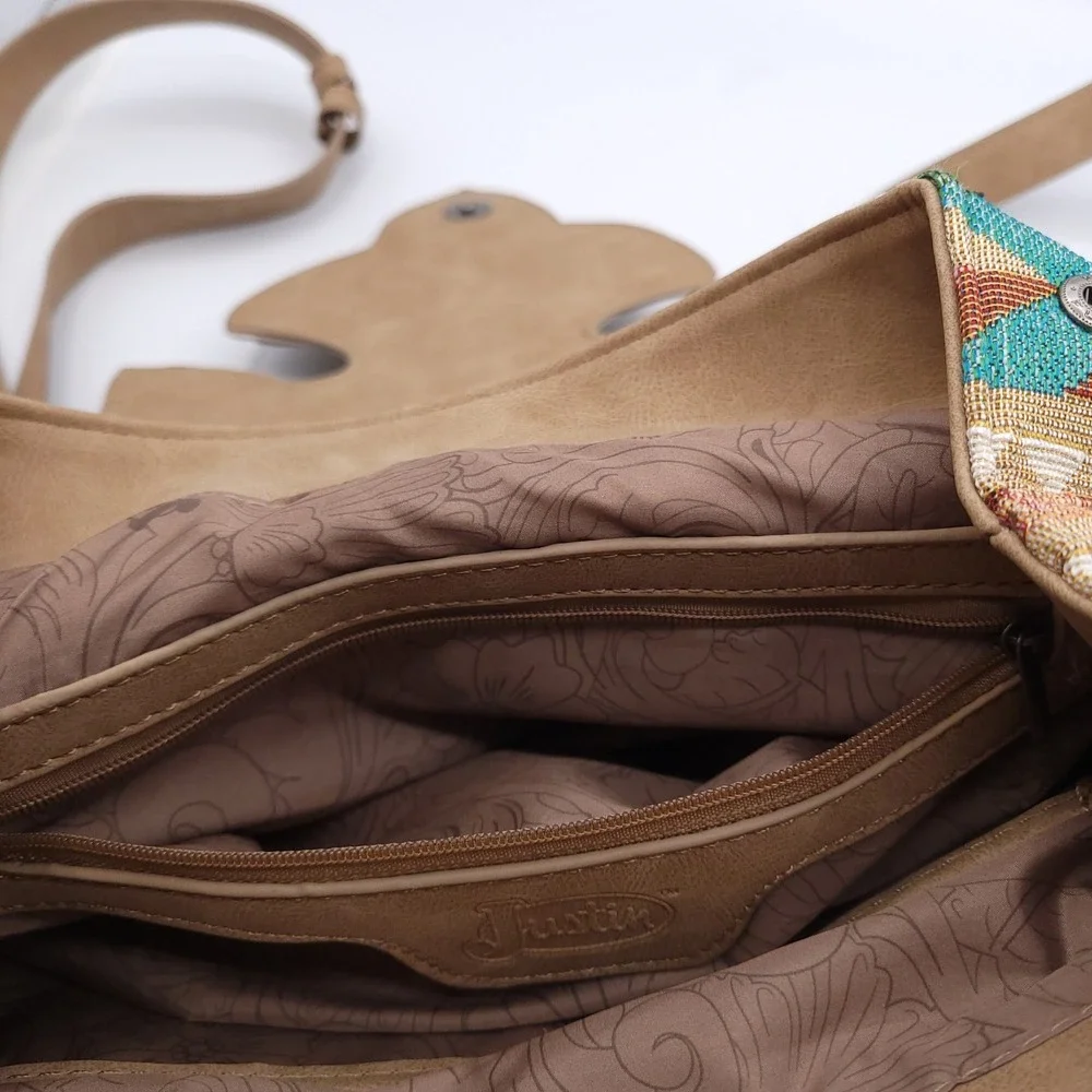 Justin Boots Southwestern Style Leather Backpack Purse Tan and Turquoise Bag